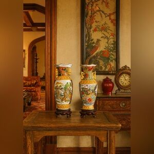 SATSUMA Enchanting/Statement Ceramic Hand-Panted Vintage Vase Set of 2